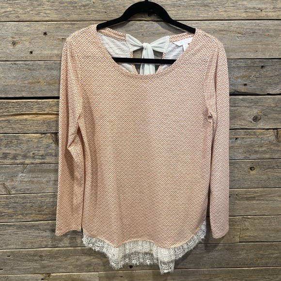 LC Lauren Conrad Tops - LC Lauren Conrad Long Sleeve Floral Print Top Sz S Orange Lace Trim Bow Tie Neck